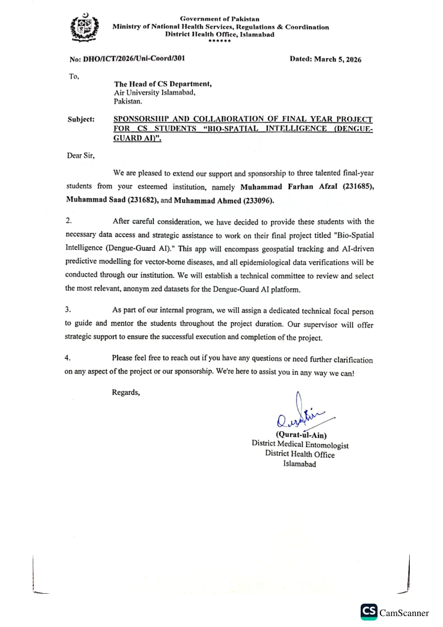 Original signed District Health Office Islamabad collaboration letter for Dengue Guard AI, dated 5 March 2026